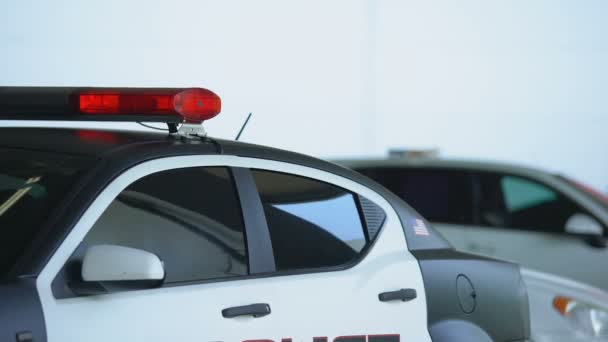 Policía de confianza saliendo del coche, usando gafas de sol y yendo a la escena del crimen — Vídeo de stock