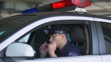 Arabada güneş gözlüğü takan, bölge devriyesi için hazır olan, iş yerinde çalışan kendine güvenen polis