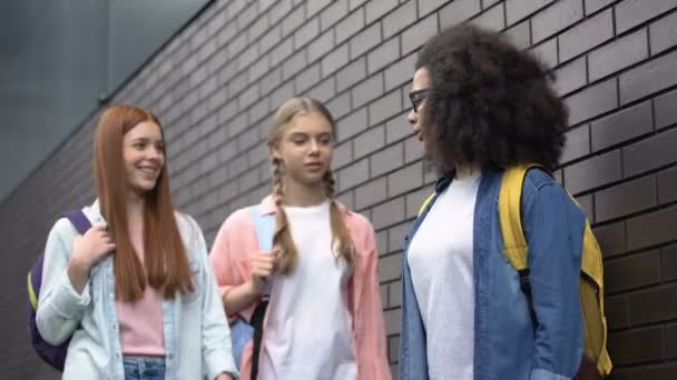 Студенти-жінки, які потрапили в чорний однокласник на шкільному подвір'ї, знущаються над жертвою — стокове відео