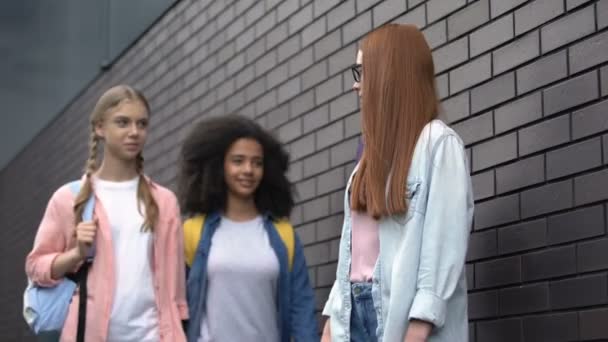 Två skolelever mobbning blygsam rödhårig tonåring, driver rädd klasskamrat — Stockvideo