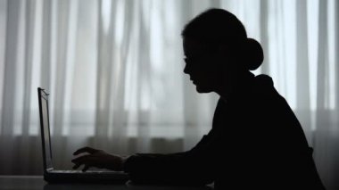 Dizüstü bilgisayarda yazan kadın gazetecisilueti, kısa süreli makale yayını