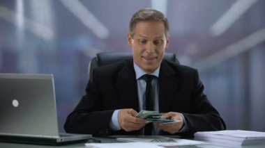 Açgözlü işadamı dolar demet tutan, kolay gelir, yüksek maaş sevinir