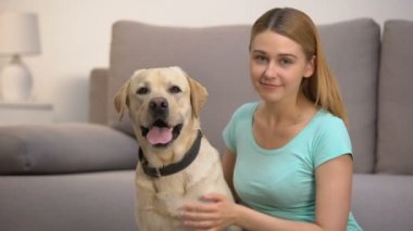 Neşeli labrador retriever köpek kadın sahibi kamera evcil hayvan arkadaşlık gülümseyen