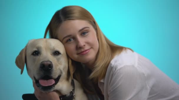 Улыбающаяся женщина обнимает милую собаку-лабрадора, смотрит в камеру, питомец лучший друг — стоковое видео