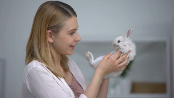 Frau untersucht Kaninchen auf Flöhe und Milben, Gesundheitsuntersuchung zu Hause, fürsorgliche Besitzerin — Stockvideo
