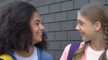 Okul bahçesinde dedikodu lar okuyan, sınıf arkadaşları hakkında dedikodular yayan kız gençler