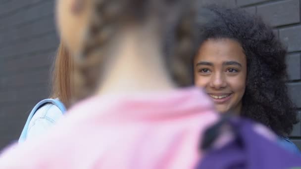 Cruel teenage girls mocking classmate passing by, malicious rumors, bullying — Stock Video