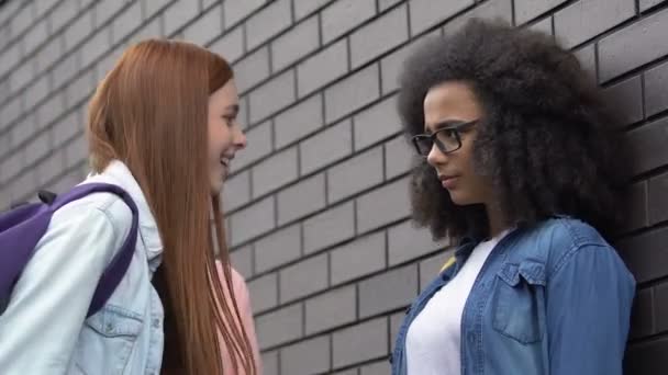 Vrouwelijke tieners beledigend, bedreigen biracial meisje, school pesten, raciale haat — Stockvideo