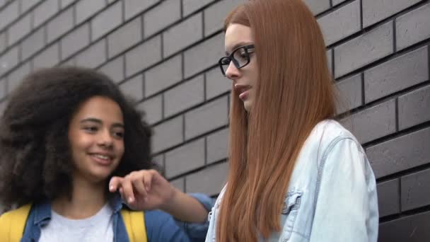 Étudiantes intimidant camarade de classe féminin, poussant au mur, apparence moqueuse — Video