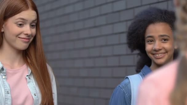Zlá děvčata zastavující spolužáky na dvorku, ukazující autoritu, provokovat konflikt — Stock video