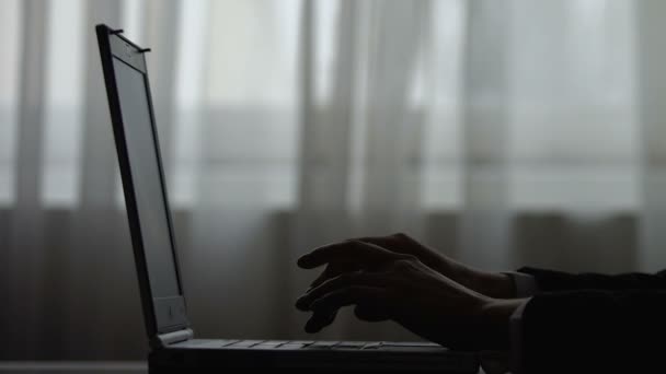 Σιλουέτα των γυναικείων χεριών που εκφράζουν ερεθισμό από το αποτυχημένο πρόγραμμα στο φορητό υπολογιστή — Αρχείο Βίντεο