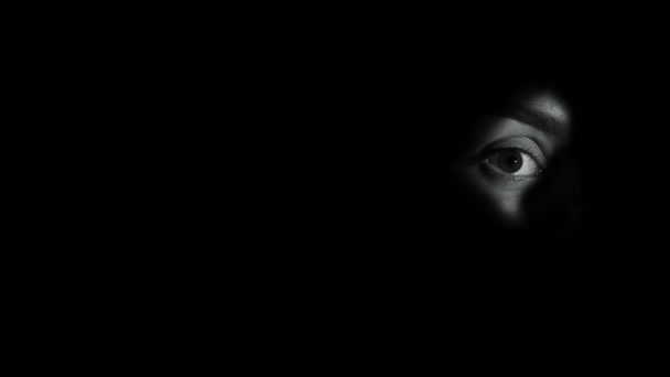 Personas ojo mirando a través de ojo de cerradura, oscuridad, intrusiones en la privacidad, secreto — Vídeos de Stock