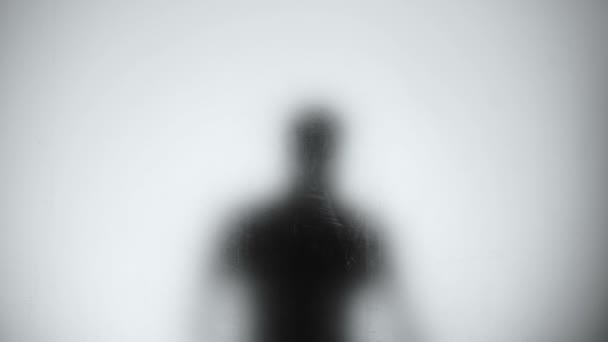 Silhouette eines männlichen Diebes, der durch Türglas schaut, bricht in leerstehendes Haus ein — Stockvideo