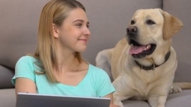 Genç kadın laptop üzerinde çalışan, köpek oturma yakın üzerinde koltuk Pet duygusal bağlantı