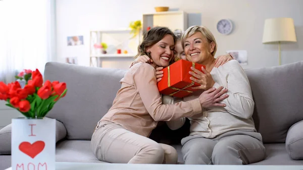 Females Girl Embracing Granny Holding Gift Box Birthday Congratulations — Stock Photo, Image