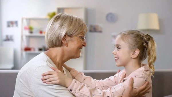 Happy Grandma Granddaughter Embracing Looking Each Other Togetherness — Stock Photo, Image
