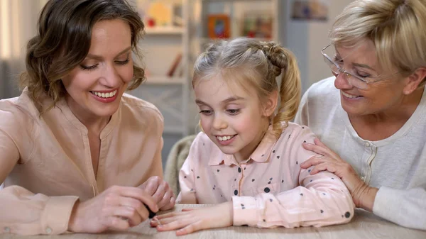 Mother Doing Manicure Small Daughter Pretending Older Copying Mum — Stock Photo, Image