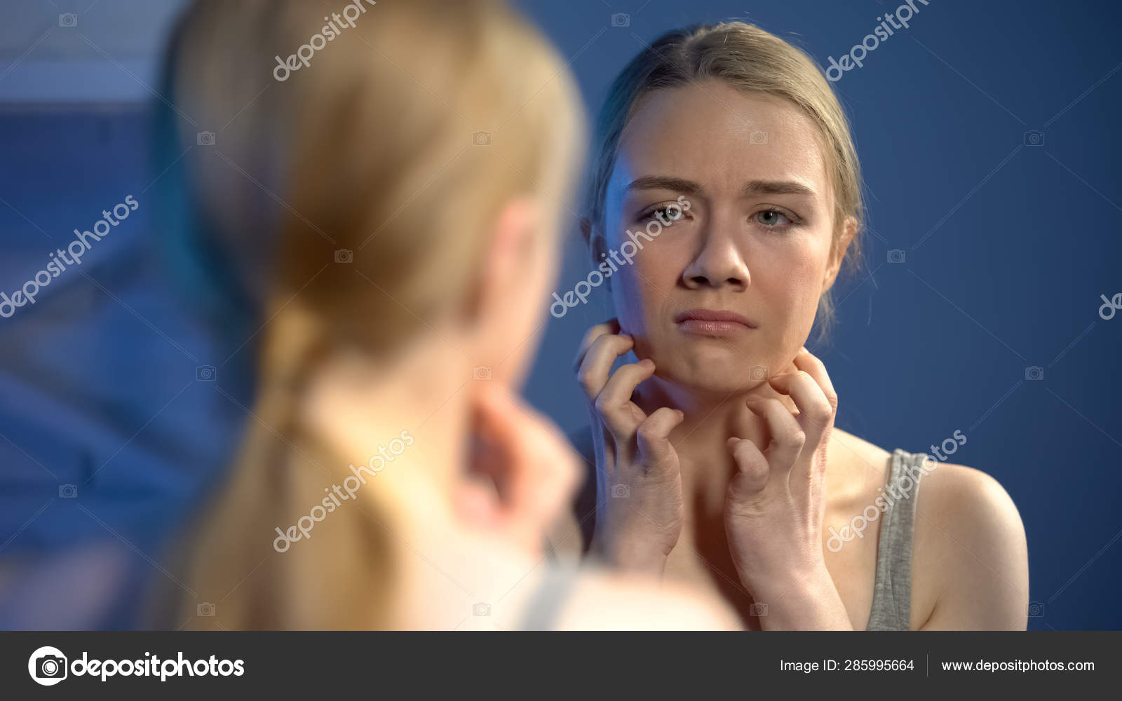 Unhappy Young Lady Looking Mirror Reflection Upset Skin Imperfection —  Stock Photo © motortion #285995664, image size:1600x1000