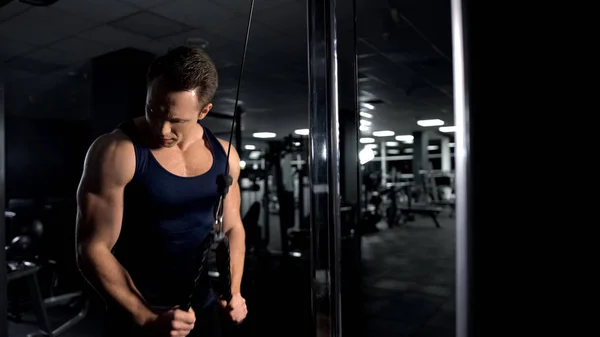 Athletic man training arm muscles, performing triceps cable pushdown exercise