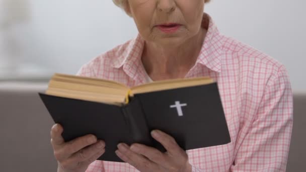 Religijna staruszka czytania święta Biblia, wiara i wiara, koncepcja chrześcijaństwa — Wideo stockowe
