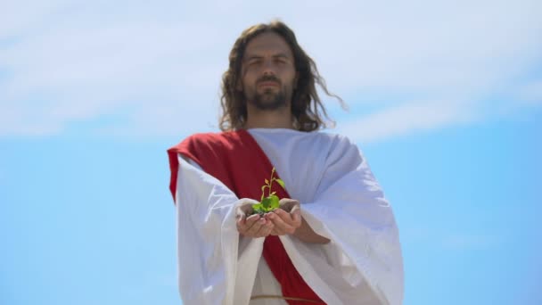 Uomo in vestaglia che mostra germoglio contro il cielo, risparmio della natura, problemi ambientali — Video Stock