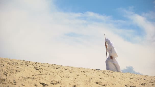 Beduíno Cansado com funcionários caminhando no deserto quente, mudança climática, aquecimento global — Vídeo de Stock