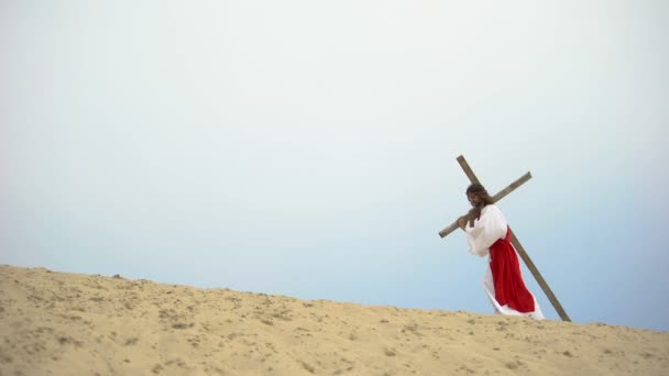 Jezus objęty ciężkim drewnianym krzyżem, cierpiącym bólem i wyczerpaniem, poświęceniem — Wideo stockowe