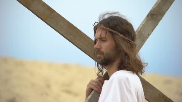 Jesus Christ with crown of thorns carrying cross, praying to God for sinners — Stock Video