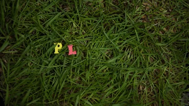 잔디에 빈 병으로 둘러싸인 플라스틱 단어, 환경 오염, 재활용 — 비디오