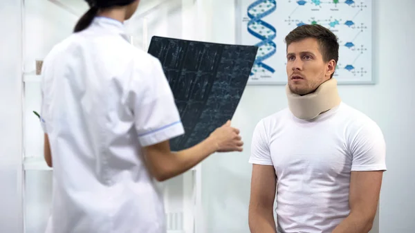 Patient Foam Cervical Collar Listening Doctor Holding Ray Results — Stock Photo, Image