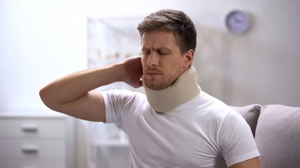 Displeased Man Foam Cervical Collar Suddenly Feeling Pain Neck Trauma — Stock Photo, Image