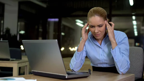 Female Rubbing Temples Feeling Headache Night Shift Office Overhours — Stock Photo, Image