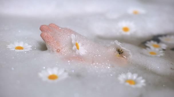 Kvinnliga hand hållande Chamomiles i badrum med skum bubblor, aromaterapi — Stockvideo