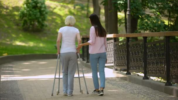 Caminhada voluntária com mulher idosa usando andador no parque hospitalar, deficiência — Vídeo de Stock
