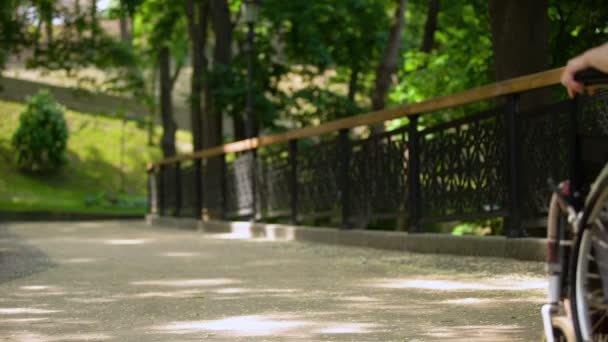 병원 정원에서 시간을 보내는 장애인 노인 환자를 돕는 여성, 의학 — 비디오