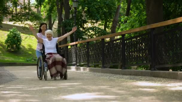 Asian woman pushing excited mature lady wheelchair, happy aged patient, health — Stock Video