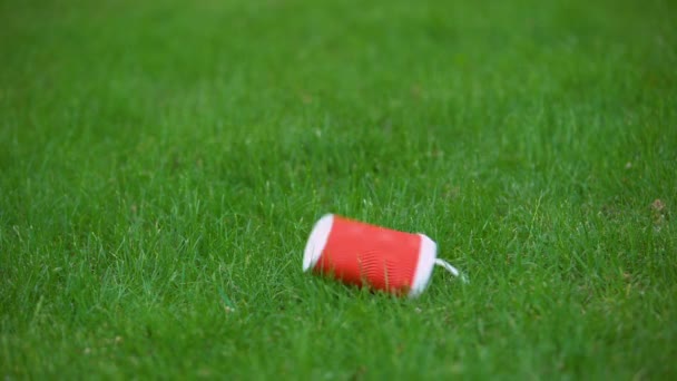 Taza de papel vacía cayendo sobre hierba, reciclaje de residuos de alimentos, protección del medio ambiente — Vídeos de Stock