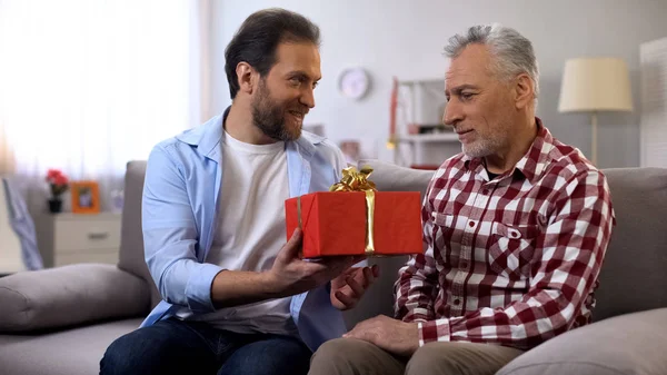 Figlio Adulto Che Congratula Con Papà Più Anziano Con Giorno — Foto Stock