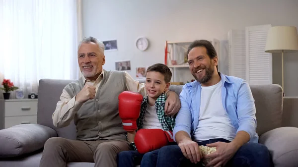 Smiling male family members watching boxing on tv, cheering for favorite boxer