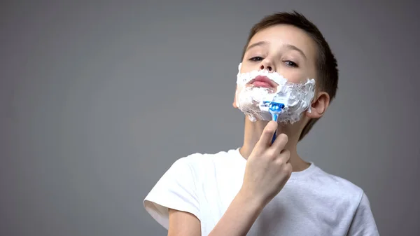 Little Boy Seriously Shaving Pretending Adult Copying Fathers Behavior — Stock Photo, Image