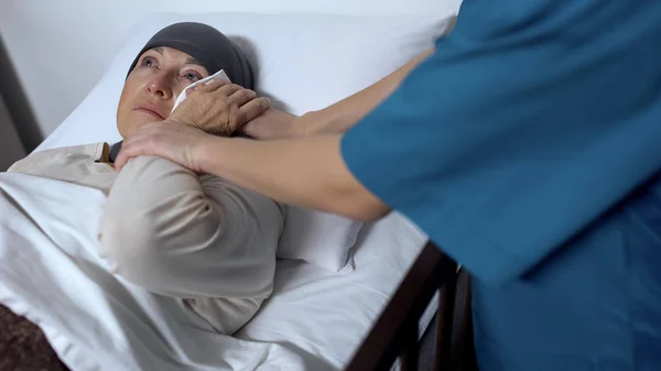 Doctor Supporting Crying Female Patient Suffering Cancer Wiping Tears Face — Stock Photo, Image