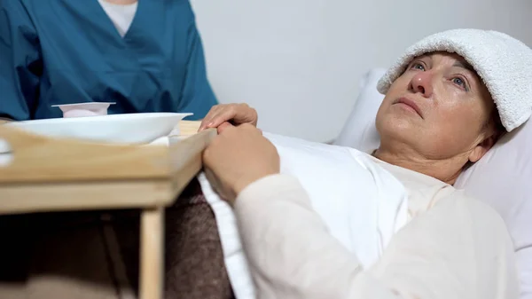 Halálos Beteg Női Beteg Megtagadta Étkezés Szomorú Szenved Betegség — Stock Fotó