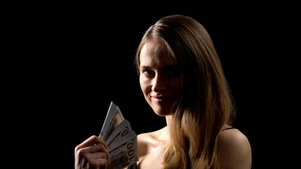 Tricky Woman Holding Bunch Dollars Dark Background Money Fraud — Stock Photo, Image
