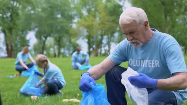 Starsi wolontariusze zbieranie plastikowych śmieci wprowadzenie w worek na śmieci, eko wydarzenie — Wideo stockowe