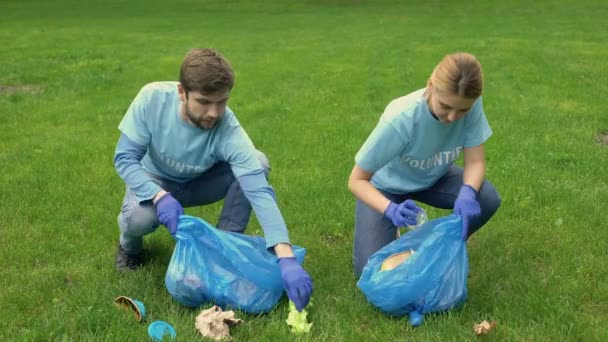 男女のボランティアがお互いに笑顔で公園でゴミを拾い、エコロジー — ストック動画