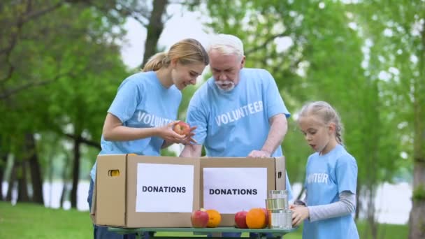 Voluntarios poniendo cajas de donaciones de alimentos y frutas enlatados, asistencia a personas pobres — Vídeo de stock