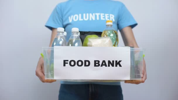 Voluntário segurando recipiente do banco de alimentos, mãos colocando provisão na caixa, ajuda — Vídeo de Stock