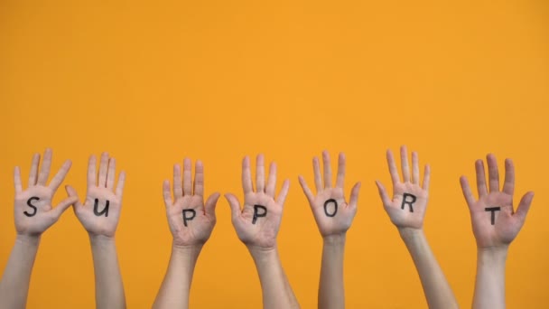 Sostegno scritto palme su sfondo arancione, cooperazione lavoro di squadra, attivisti — Video Stock