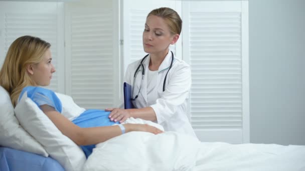 Професійний лікар торкається вагітної жінки животик, перевіряє дитину, охорона здоров'я — стокове відео