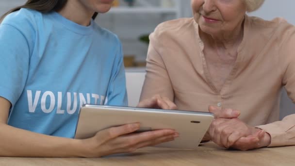 Mulher voluntária e aposentada rolagem tablet, aplicação on-line para pensionistas — Vídeo de Stock